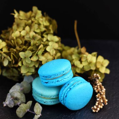 Siyah bir zemin üzerine yeşil dal ile mavi macaroons