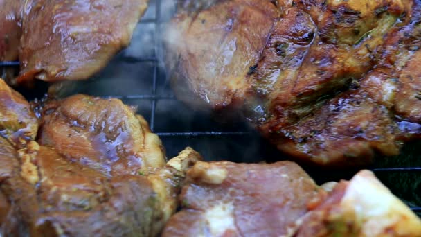 クローズ アップ バーベキューで新鮮な肉を焼く — ストック動画