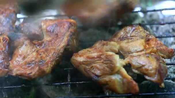 Roasting Fresh Meat Barbecue Closeup — Stock Video