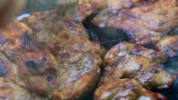 Rôtir Viande Fraîche Sur Barbecue Gros Plan — Video