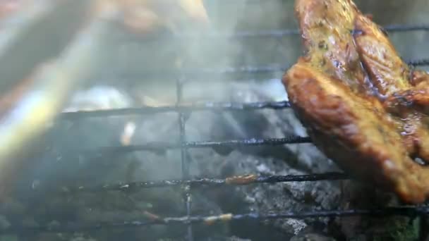 クローズ アップ バーベキューで新鮮な肉を焼く — ストック動画