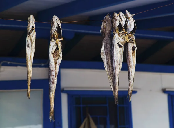 Peixe Seco Pendurado Uma Corda Closeup — Fotografia de Stock