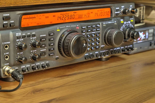 Modern high frequency radio amateur transceiver closeup