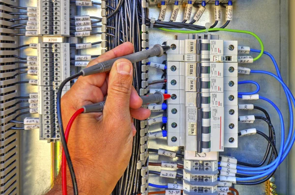 Control panel with terminals and wires inside view