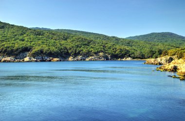 Kayalık kıyı ve mavi deniz ile güzel manzara