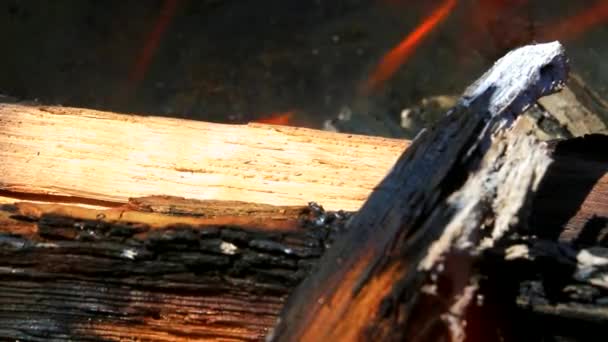 暖炉の中で木材を燃やすクローズアップビュー — ストック動画