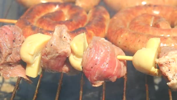 在烧烤特写上烧烤新鲜肉类 — 图库视频影像