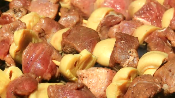 Grelhar Carne Fresca Cogumelos Churrasco Vista Perto — Vídeo de Stock