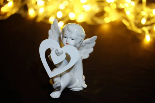 Porcelain Angel Heart Dark Background Light Garland Valentine Day — Stock Photo, Image