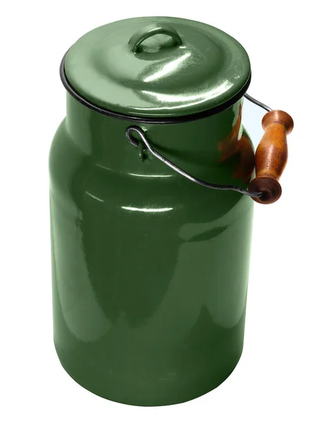 Een Groene Melk Kan Met Een Cover Een Bruin Houten — Stockfoto