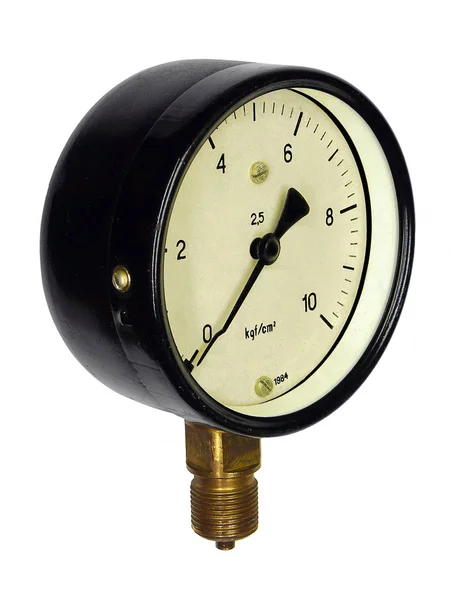 Beyaz arka plan üzerinde basınç 10 kg-cm, çap 100 mm (sol görüş, yıl 1984) için izole bir manometre