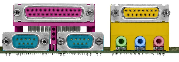 Seven Colored Connectors Computer Motherboard Year 2002 Parallel Serial Ports — Zdjęcie stockowe