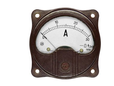 An isolated round brown ammeter for 30 Ampere of the direct current (year 1958) on the white background
