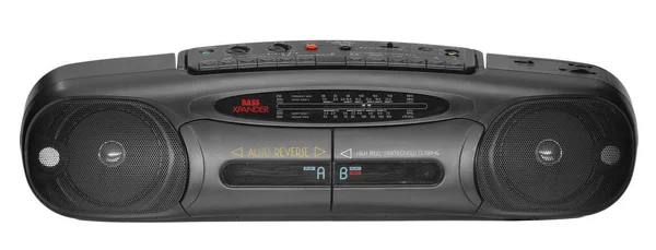 Beyaz arka planda radyo ile iki kaset için siyah bir stereo ses kayıt cihazı