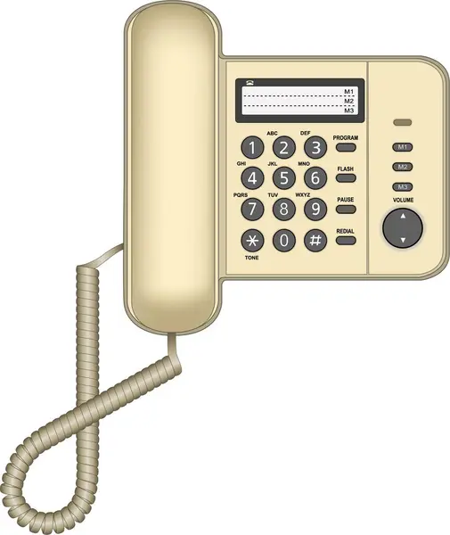 Sarı sabit bir telefon (2010 yılı) numara düğmeleri ve bükülmüş bir kabloyla