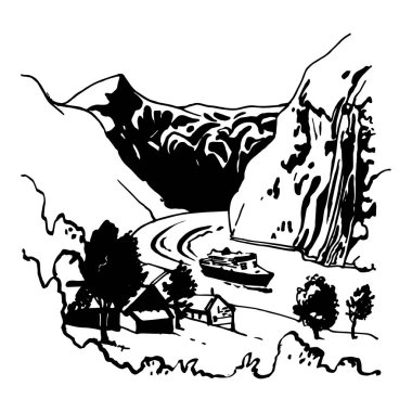 Vektör siyah ve beyaz. Kayalar motorlu gemi nehir. Güzel manzara