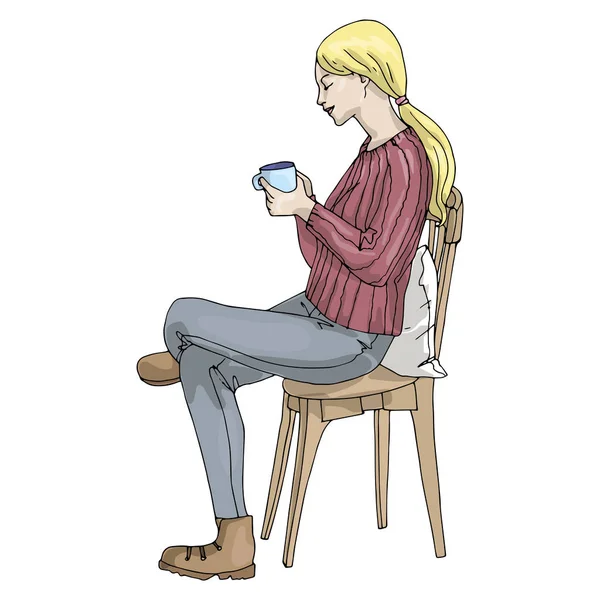 Vector Illustration Girl Coffee Sitting Chair Isolated White Background — Stock Vector
