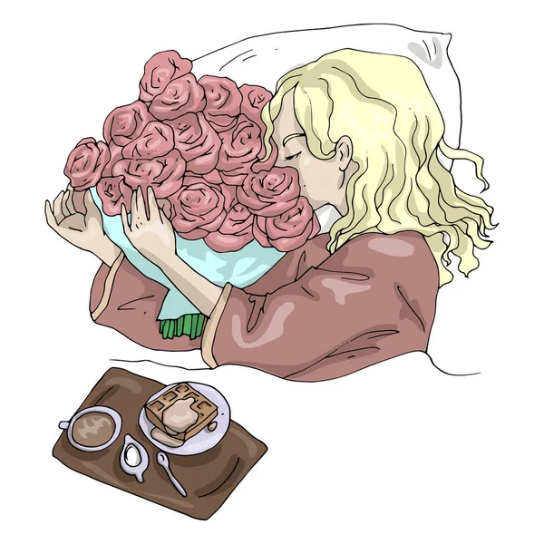 Vector Illustratie Meisje Met Bloemen Bed Ochtend Ontbijt Geïsoleerd Witte — Stockvector