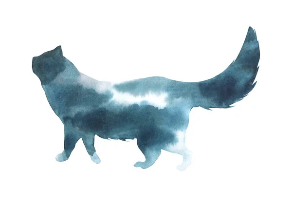 Akvarell Illusztrációja Egy Macska Sziluettje Felhők Absztrakció Fehér Háttér — Stock Fotó