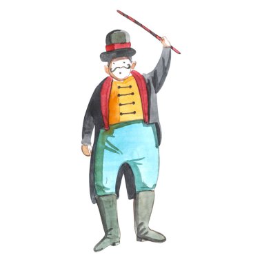 Beyaz arka plan üzerinde komik izole şirin sirk işleyicisi Watrcolor çocuk çizimi