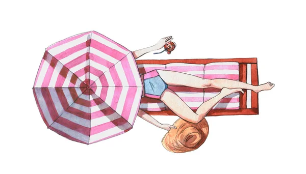 Watercolor Illustration Woman Beach Lying Sunbed Umbrella Holding Hat Tropical — Stock Photo, Image