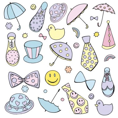 Vektör komik palyaçonun aksesuar seti şemsiye şapkalar papyon çizme ve pastel renkler karışık beyaz arka plan üzerinde izole bağları