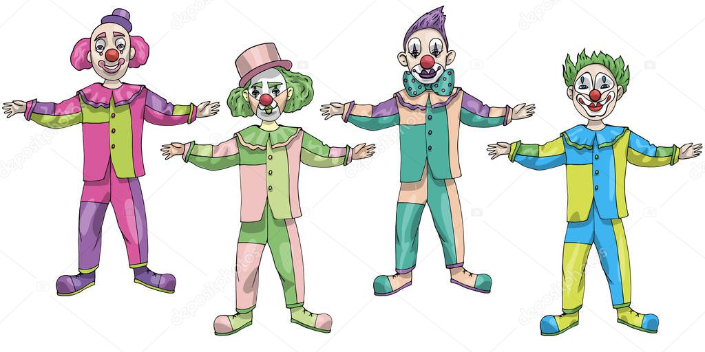 Vector illustration set funny Clown in pastel colors isolated on white background April Fools day various