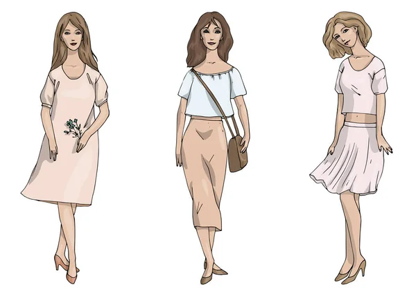 Vector fashion illustration uppsättning tre snygga tjejer i business stil i rose beige och rosa färger isolerad på vit bakgrund — Stock vektor