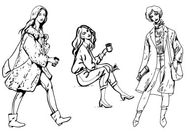 Vektör moda illüstrasyon, sokak moda stil siyah beyaz üç şık kız beyaz arka plan üzerinde doğrusal ayarla