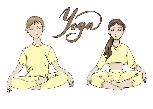 Conjunto de ilustración vectorial de una niña y un niño practicando yoga, meditación en colores suaves claros más palabra de letras aislada sobre fondo blanco — Vector de stock