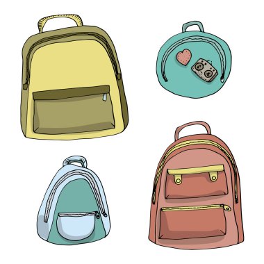 Vektör moda illüstrasyon karikatür sırt çantaları beyaz arka plan üzerinde izole mavi, pembe ve sarı renkler kümesi