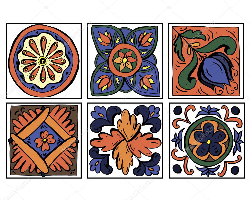 Vector illustration set of Sicilian pottery ornaments doodles in orange and blue colours isolated on white background. Decor