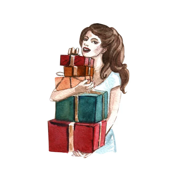 Акварельная иллюстрация женщины с коробками подарков на белом фоне — стоковое фото