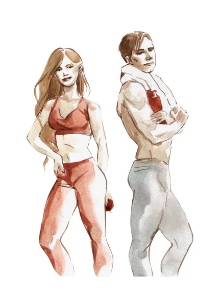 Aquarell Illustration Sport Mädchen mit einem Mann bunte isolierte Objekte auf weißem Hintergrund für Werbung. Fitness — Stockfoto