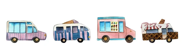 水彩插图面包车和冰淇淋机五颜六色的孤立的对象在白色背景为广告 — 图库照片#