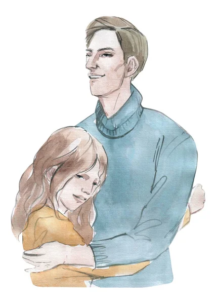 Ilustração aquarela abraçando namorada com um cara colorido isolado objeto no fundo branco para anúncio — Fotografia de Stock