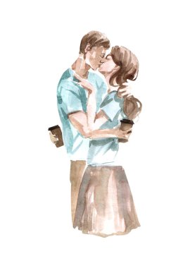 Beyaz arka planda izole kağıt bardaklar tutan bir aşıklar çift sarılma suluboya Illustration