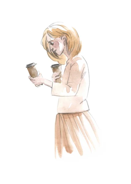 Aquarel illustratie vrouw met koffie te gaan kleurrijke geïsoleerd object op witte achtergrond voor reclame — Stockfoto
