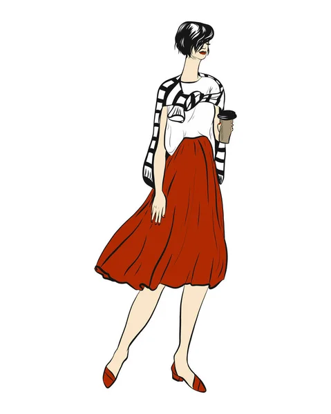 Menina de ilustração de moda vetorial com café em um vestido de laranja e cores corporais isoladas em fundo branco para publicidade —  Vetores de Stock