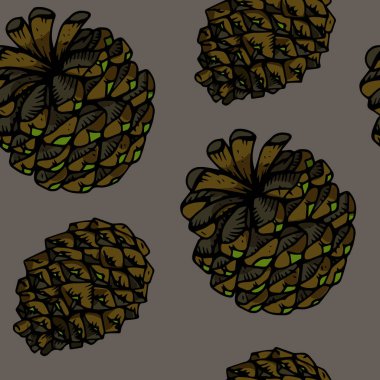 Vektör doodle koni illüstrasyon gri arka plan üzerinde izole kahverengi ve yeşil renklerde dikişsiz desen