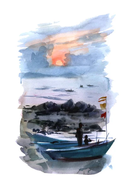 水彩插图船在海上日落时分彩色隔离对象在白色背景上做广告 — 图库照片#