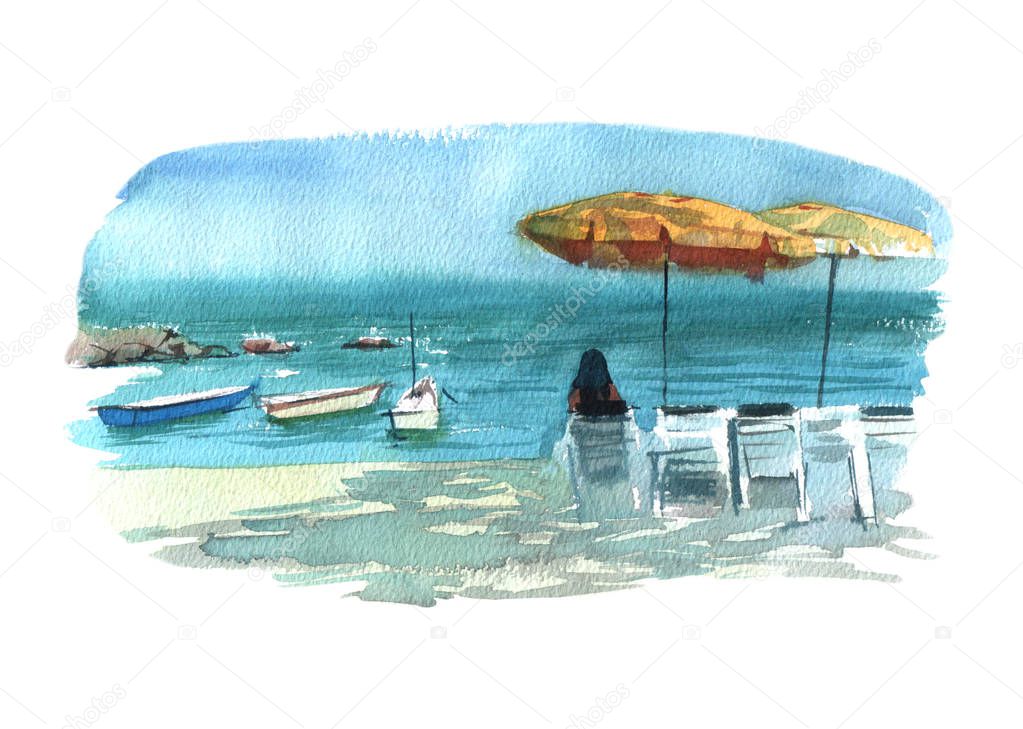 Watercolor illustration beach with sun beds, umbrellas and boats colorful isolated object on white background for advertisement