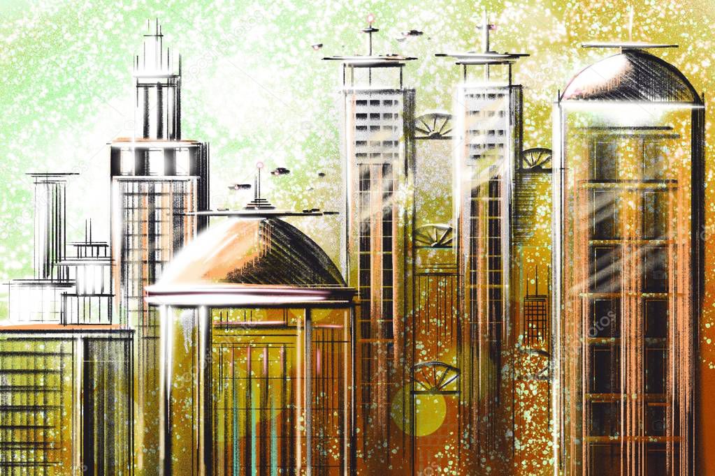 Digital abstract illustration Futuristic city in color. Business skyscrapers. Architectural technology structure hologram buildings. Towers and skyscrapers. Urban scene, modern, industrial architectur