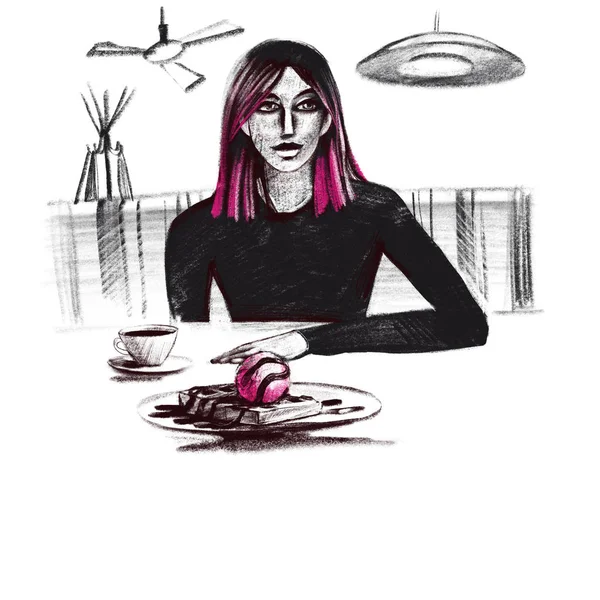 Ψηφιακή απεικόνιση ράστερ κορίτσι πίνοντας καφέ σε ένα καφέ σε μαύρο και βιολετί χρώμα απομονωμένα αντικείμενα σε λευκό φόντο για διαφήμιση — Φωτογραφία Αρχείου