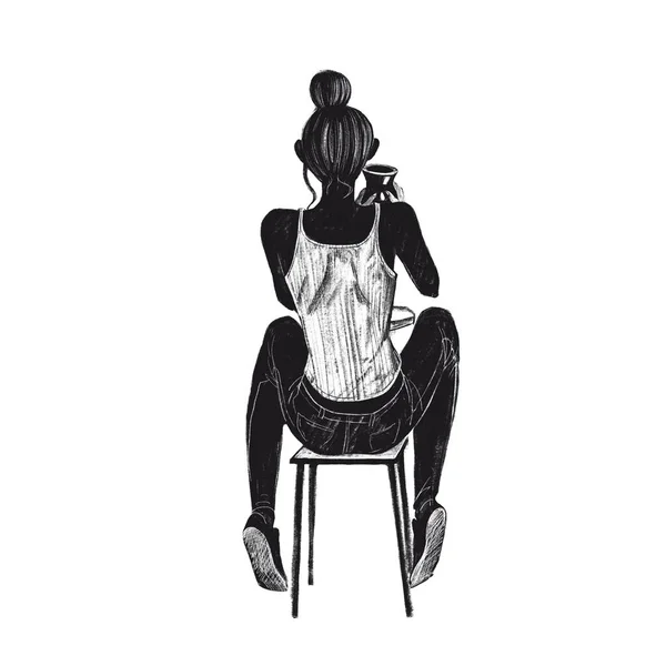 Цифровая растровая иллюстрация девушка в футболке на гончарном круге делает вазу в черном цвете изолированных объектов на белом фоне для рекламы — стоковое фото