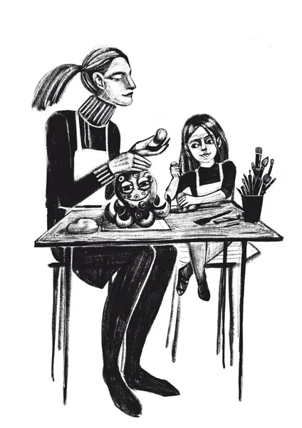 Digitale raster illustratie moeder en dochter zitten aan de tafel en beeldhouwen van klei in zwarte kleur geïsoleerde objecten op witte achtergrond — Stockfoto