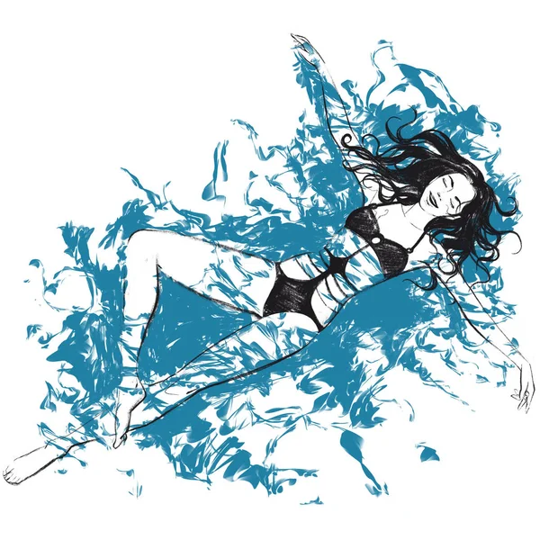Ψηφιακή απεικόνιση ράστερ κορίτσι κολυμπάει στο νερό σε μαύρο και μπλε χρώμα απομονωμένα αντικείμενα σε λευκό φόντο για διαφήμιση — Φωτογραφία Αρχείου