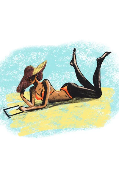 Цифрова растрова ілюстрація дівчата сонячні ванни на пляжі з капелюхом барвисті ізольовані предмети на білому тлі для реклами — стокове фото
