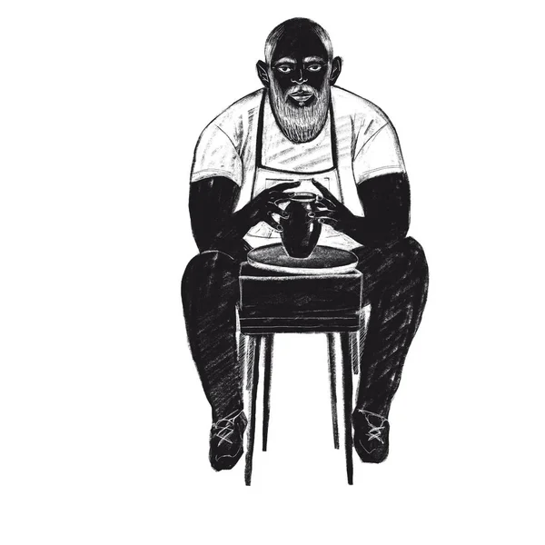 Цифровая растровая иллюстрация бородатый человек за гончарным колесом делает вазу в черном цвете изолированных объектов на белом фоне для рекламы — стоковое фото