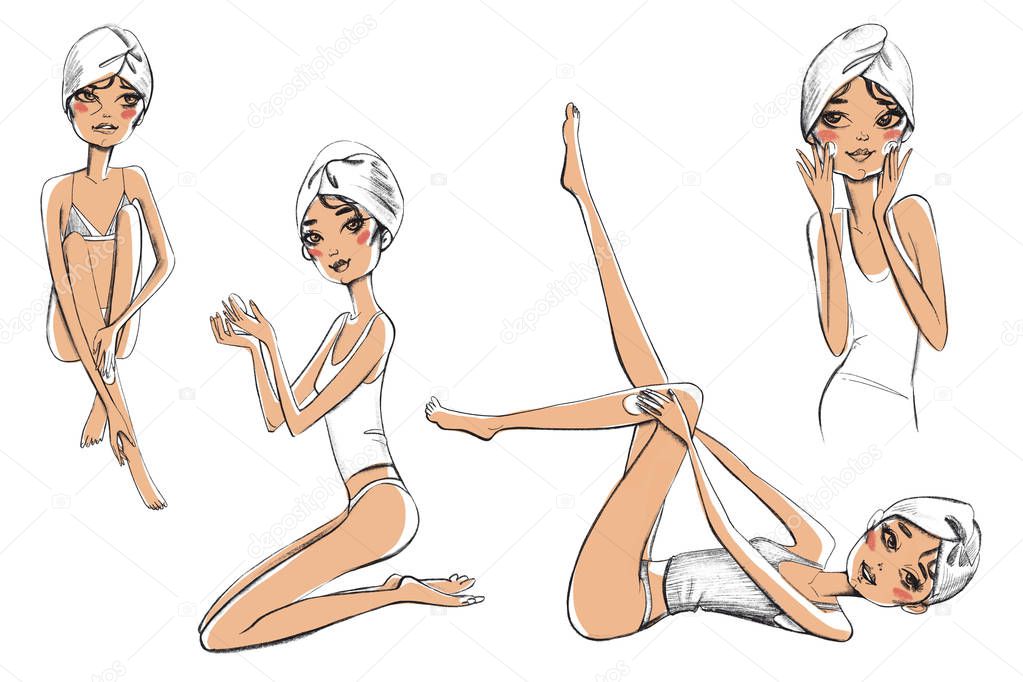 Digital raster illustration young woman using cream after bath in color isolated objects on white background for advertisement